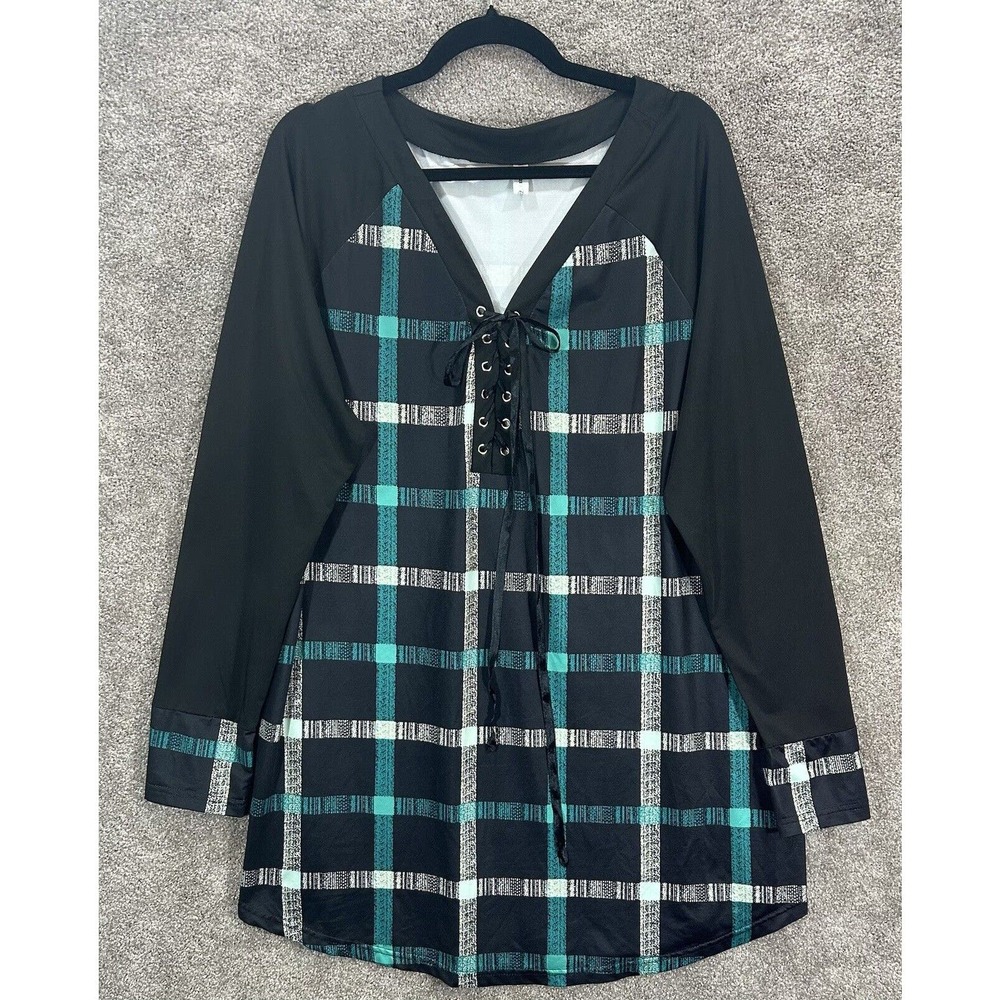 Rosegal Top Womens 2X Multi‎ Plaid Eyelet Tie Long Sleeve Pullover Tunic Blouse